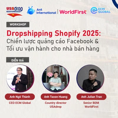 Poster for the 2025 Dropshipping Shopify workshop featuring Ngô Thành, USAdrop and WorldFirst